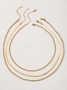 3入組女式時尚 14k 鍍金多層防水防銹人字形蛇鏈項鍊套裝簡約優雅分層設計，送給女士理想禮物 - 金黃色 - 查看 7