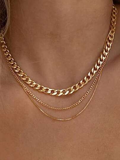 3 件不锈钢女士人字形项链，精致纯色蛇链项链，简约多层项链，黄金珠宝礼物，适合圣诞节、万圣节，金项链，女士珠宝，叠戴项链，法式复古金项链，18K 镀金