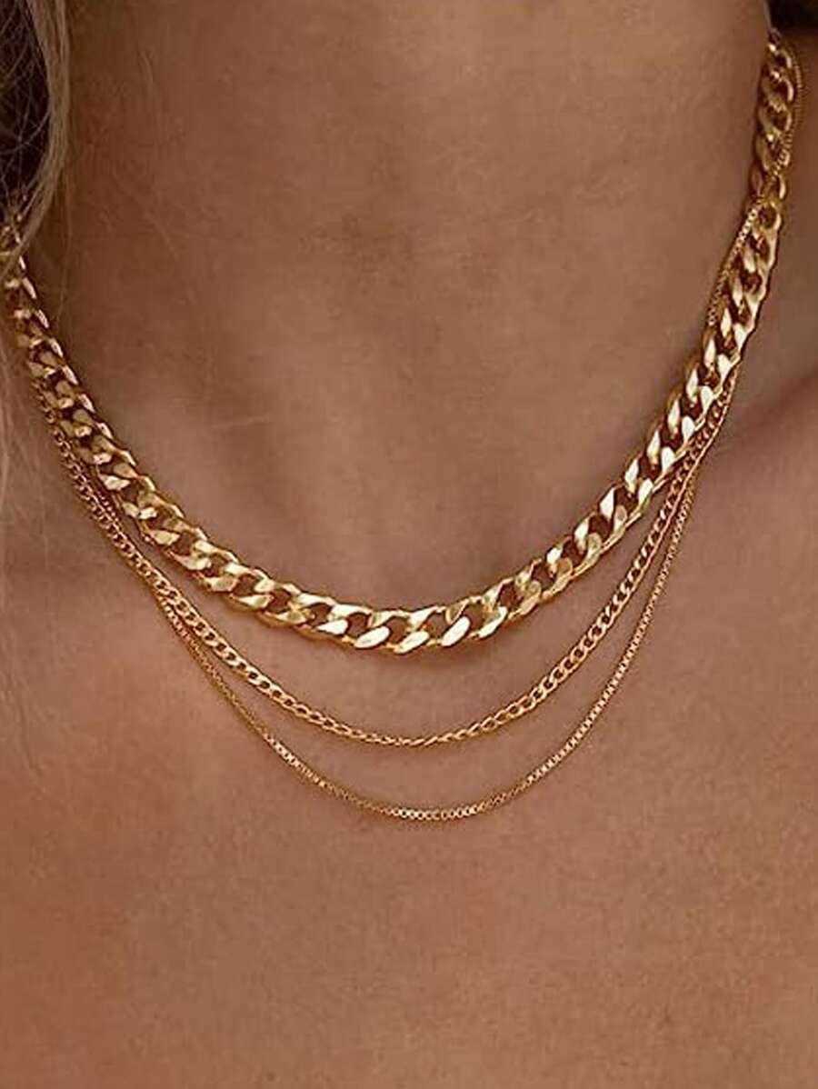 3 件不锈钢女士人字形项链，精致纯色蛇链项链，简约多层项链，黄金珠宝礼物，适合圣诞节、万圣节，金项链，女士珠宝，叠戴项链，法式复古金项链，18K 镀金