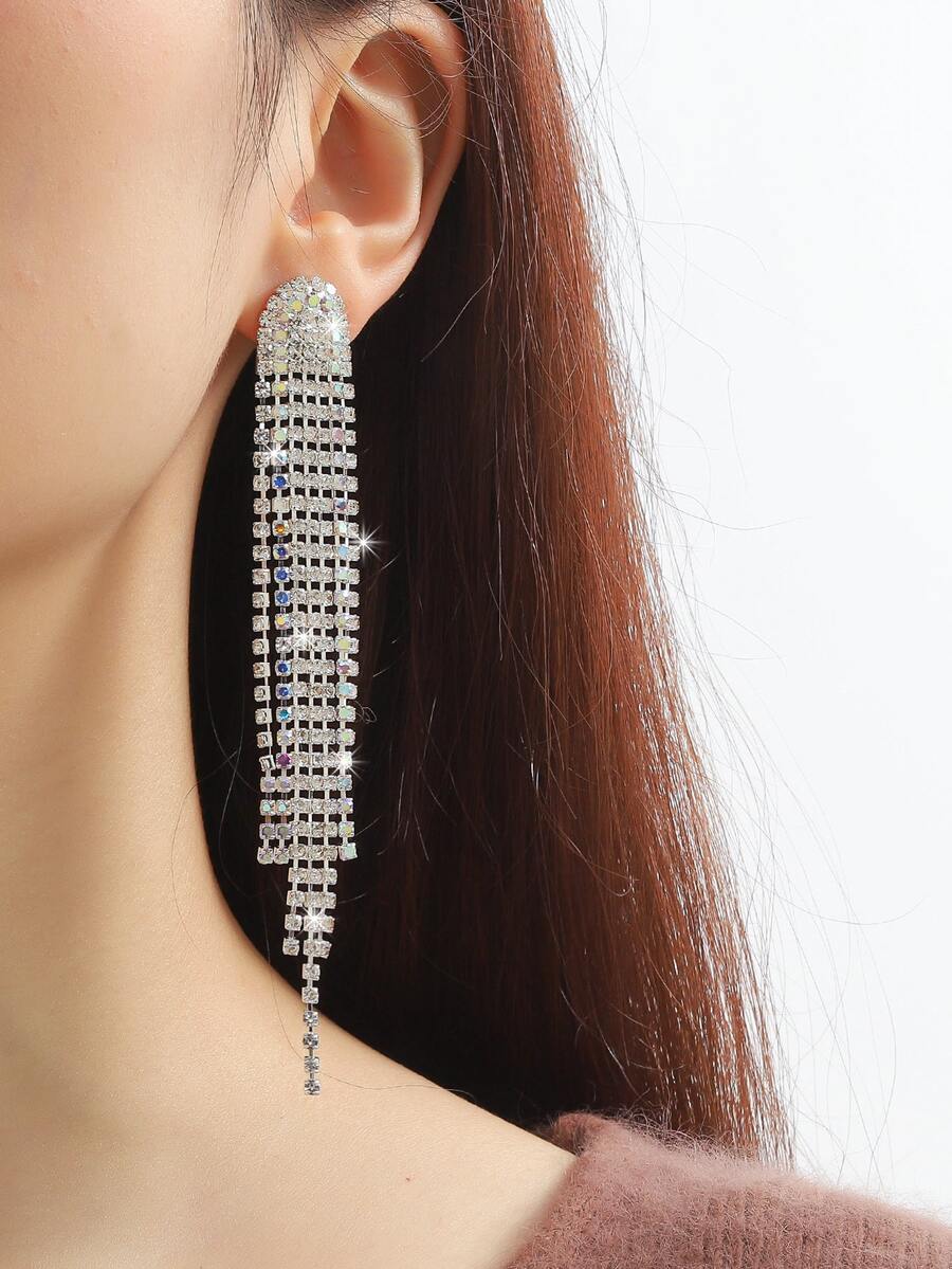 1對女士流蘇和鑽石細節長耳環,多功能派對和婚禮配飾 - 銀色 - 查看 1