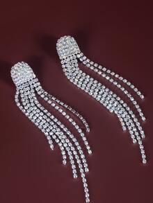 1對女士流蘇和鑽石細節長耳環,多功能派對和婚禮配飾 - 銀色 - 查看 4