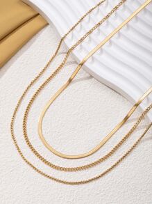 3pcs 14K Gold Plated Waterproof Non-Fading Stainless Steel Jewelry Set: Fashionable Herringbone Necklace, 14K Gold Plated Snake Chain Necklace, Minimalist Layered Gold Necklace, Ideal Gift For Women, Suitable For Halloween, Christmas - Yellow Gold - View 3