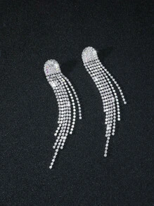 1對女士流蘇和鑽石細節長耳環,多功能派對和婚禮配飾 - 銀色 - 查看 5