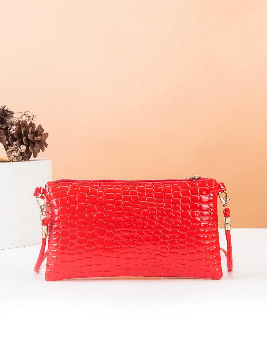 Bolso bandolera de moda rojo cuadrado con patrón de cocodrilo - Rojo - Ver 1