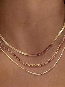 3pcs 14K Gold Plated Waterproof Non-Fading Stainless Steel Jewelry Set: Fashionable Herringbone Necklace, 14K Gold Plated Snake Chain Necklace, Minimalist Layered Gold Necklace, Ideal Gift For Women, Suitable For Halloween, Christmas - Yellow Gold - View 4