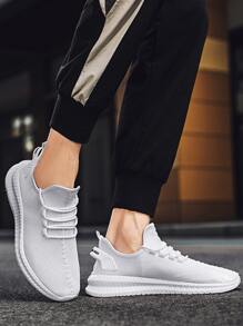 2025 纯色加大码男士修身窄款休闲运动鞋，轻质透气网眼鞋面，柔软鞋底，适合日常穿着、校园和通勤 - 白色 - 查看 6