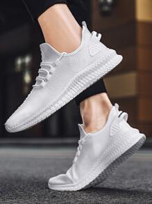 2025 纯色加大码男士修身窄款休闲运动鞋，轻质透气网眼鞋面，柔软鞋底，适合日常穿着、校园和通勤 - 白色 - 查看 5