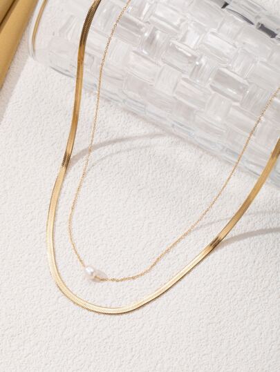 2入組不銹鋼女士時尚分層項鍊,精緻的金色水晶珍珠裝飾14k金鍍銀蛇骨項鍊,簡約的金色分層項鍊,適用於女士,是完美的珠寶禮物