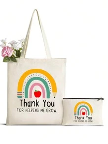 2入組彩虹印花禮物袋，教師手提袋，女士化妝包，輕量購物袋，多功能收納袋，個性化婚禮禮物袋 - 米色 - 查看 1