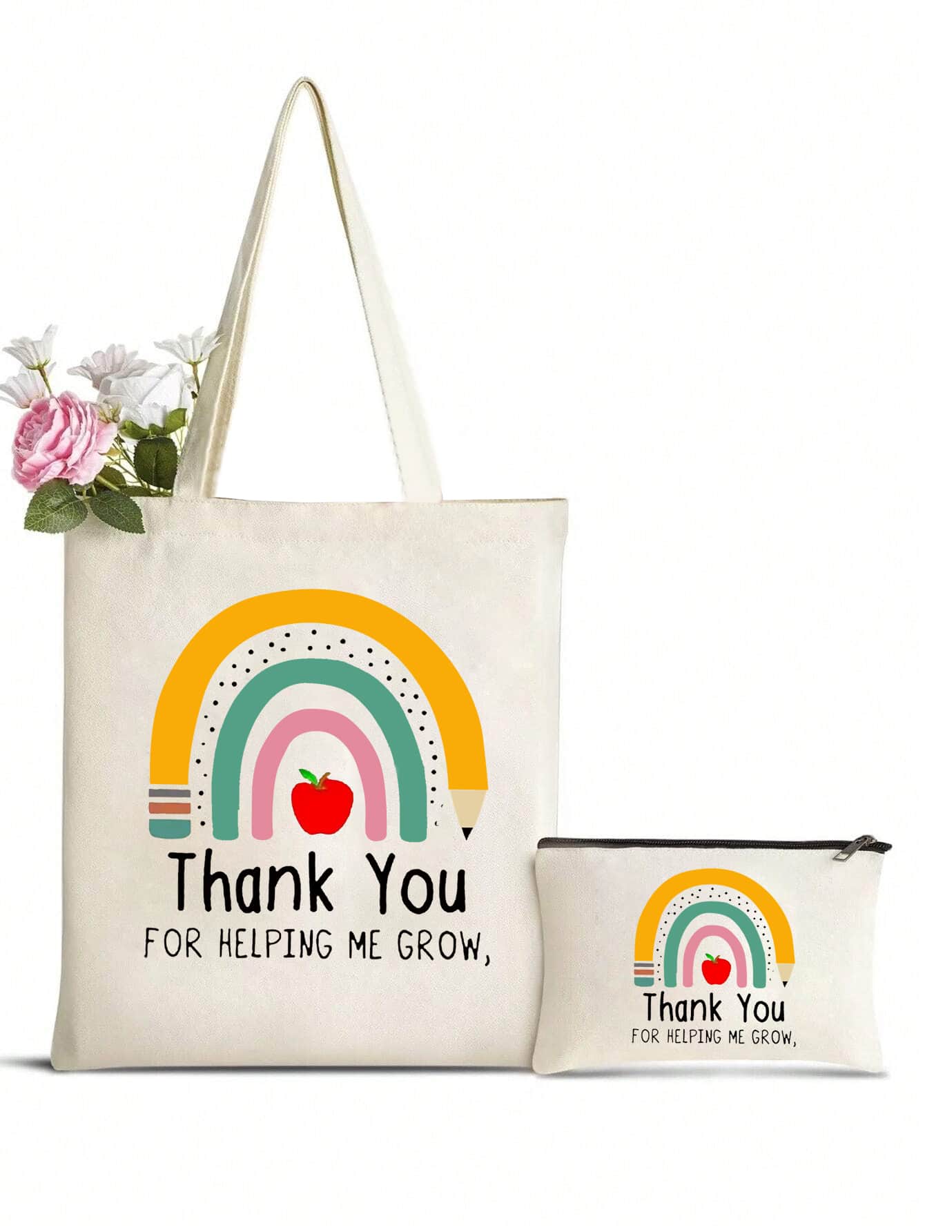 2入組彩虹印花禮物袋，教師手提袋，女士化妝包，輕量購物袋，多功能收納袋，個性化婚禮禮物袋 - 米色 - 查看 1