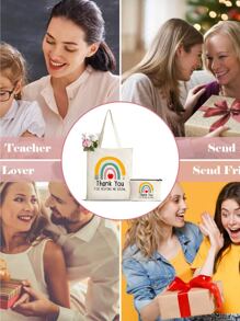 2入組彩虹印花禮物袋，教師手提袋，女士化妝包，輕量購物袋，多功能收納袋，個性化婚禮禮物袋 - 米色 - 查看 3