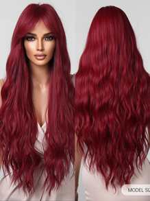 Parrucca lunga 26 pollici con frangia, colore vino rosso e marrone, parrucca lunga e ondulata di moda per donne, capelli sintetici eleganti e casual, resistente al calore, per uso quotidiano, feste, Natale, offerte speciali.