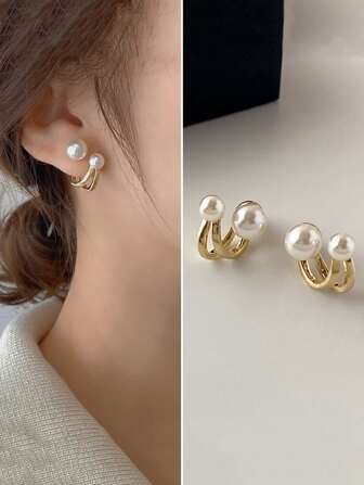 1pair Bridal Pearl Stud Earrings Elegant,Summer Outfits For Women