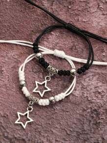 2pcs Adjustable Star Charm Bracelets Unisex Couple Bracelet Set - Silver - View 1