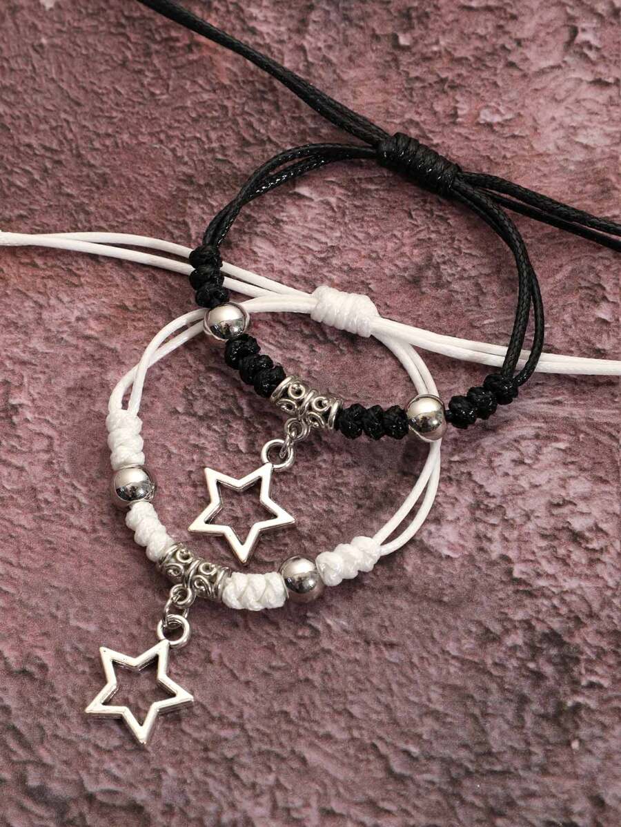 2pcs Adjustable Star Charm Bracelets Unisex Couple Bracelet Set - Silver - View 1