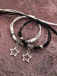 2pcs Adjustable Star Charm Bracelets Unisex Couple Bracelet Set - Silver - View 2