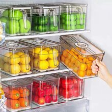 Vật liệu thú cưng Hộp bảo quản thực phẩm tủ lạnh kín có tay cầm hẹn giờ để bảo quản nhà bếp, bảo quản chấm công (ghi ngày bảo quản thực phẩm), Bộ tách thoát nước (khối rỗng để tách ướt và khô), Nắp đậy kín (ngăn các thành phần trộn và bị ô nhiễm), Và có tay cầm (dễ kéo và đẩy). - Màu Xám nhạt - Xem 1