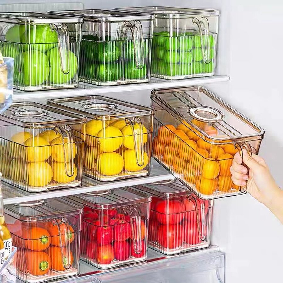 Vật liệu thú cưng Hộp bảo quản thực phẩm tủ lạnh kín có tay cầm hẹn giờ để bảo quản nhà bếp, bảo quản chấm công (ghi ngày bảo quản thực phẩm), Bộ tách thoát nước (khối rỗng để tách ướt và khô), Nắp đậy kín (ngăn các thành phần trộn và bị ô nhiễm), Và có tay cầm (dễ kéo và đẩy). - Màu Xám nhạt - Xem 1