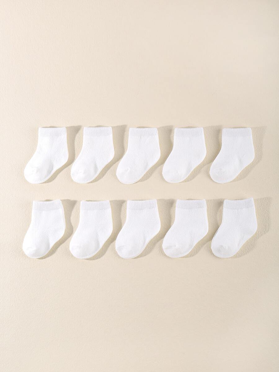 10 Pares De Calcetines De Media Pantorrilla De Color Sólido Para Bebés - Blanco - Ver 1