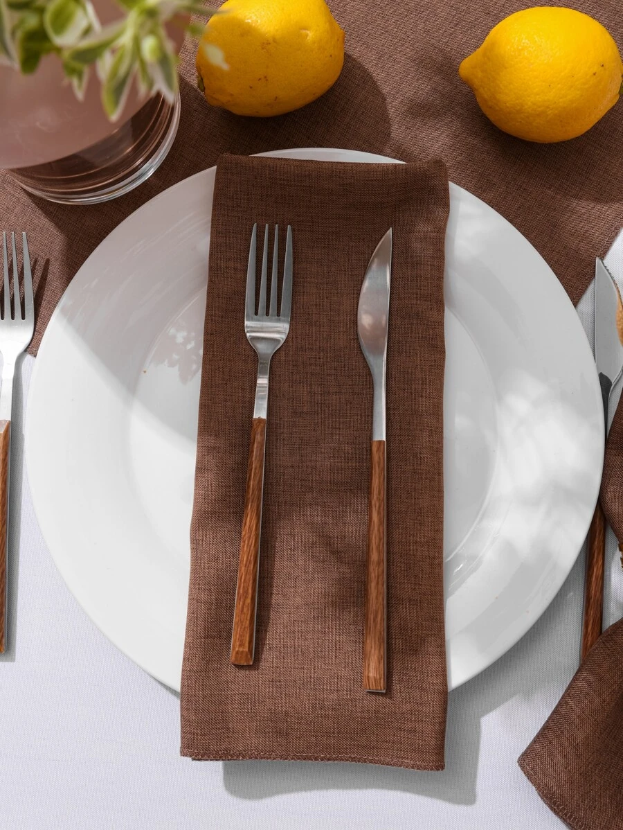 6入組亞麻實色麻邊方形餐巾 - 棕色 - 查看 1
