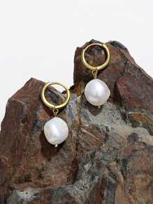 1 对人造珍珠和不锈钢吊坠耳环，适合日常佩戴 - 金色 - 查看 1