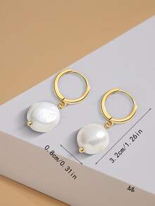 1 对人造珍珠和不锈钢吊坠耳环，适合日常佩戴 - 金色 - 查看 4