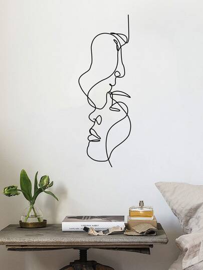 1 pieza Pegatina de pared gráfica de figura abstracta, Pegatina de pared gráfica de caras laterales, Vinilo gráfico de pared de figura moderna de línea de PVC para decoración del hogar, Pegatina de arte de pared simple y moderna con caras de pareja románticas para decoración de dormitorio, decoración de sala de estar, decoración de baño, decoración de estilo hogar minimalista y moderno, decoración de oficina, decoración escolar