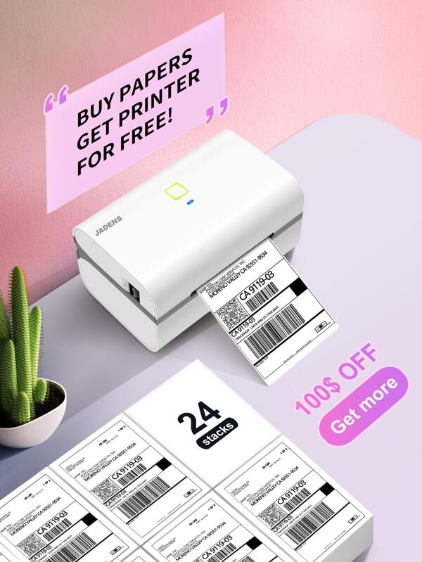 JADENS 3X5 Bluetooth Shipping Label Printer&24 Stacks Thermal Labels