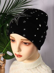 2pcs/set Unisex Knitted Hat And Gloves Combination With Big Five Star Design & Rhinestone Decor, Suitable For Daily Outdoor Activities, Autumn Winter - Black - View 3