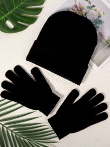 2pcs/set Unisex Knitted Hat And Gloves Combination With Big Five Star Design & Rhinestone Decor, Suitable For Daily Outdoor Activities, Autumn Winter - Black - View 2