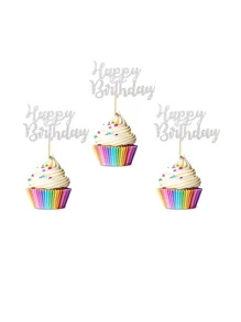 12入組銀色閃爍生日快樂小蛋糕插牌,裝飾水果蛋糕用,慶祝生日派對裝飾用品 - 銀色 - 查看 1