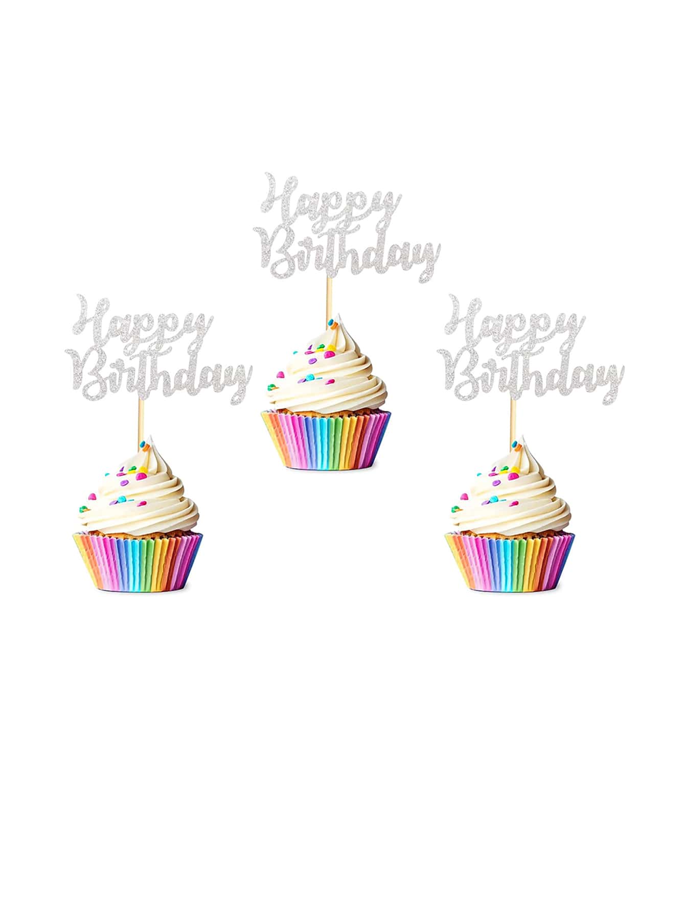12入組銀色閃爍生日快樂小蛋糕插牌,裝飾水果蛋糕用,慶祝生日派對裝飾用品 - 銀色 - 查看 1