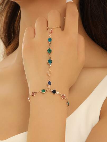 1pc Fashion Wrist Chain Bracelet Faux Pearl Pendant Connected Metal Finger Ring Bangle For Women Girls Hand Jewelry Gift