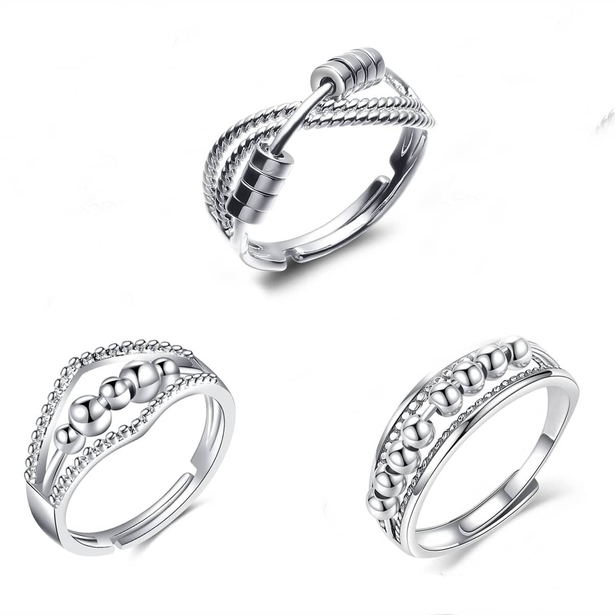 3Pcs Anxiety Spinner Rings Anxiety Fidget Rings Adjustable Calming Worry Open Ring Set Cubic Zirconia Meditation Relieve Stress Rotatable Beads Rings - 3pcs - View 1
