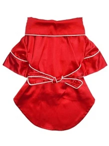 1pc Satin Solid Color Handmade Trim Waistband Comfortable Pet Pajamas For Cats And Dogs, All-Season Wearable Home Loungewear Sleepwear, Christmas Decoration - Red - View 1