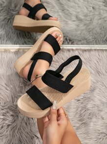 時尚女性條紋圖案織物坡跟涼鞋帶編織,完美適合夏天度假 - 黑色 - 查看 4