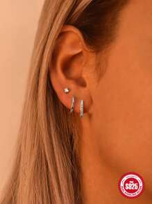 3 piezas Pendientes europeo y americano estilo S925 plata esterlina clásico cada día desgaste - Platino - Diamante Blanco - Ver 3