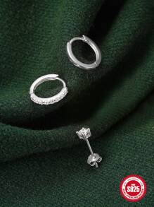 3 piezas Pendientes europeo y americano estilo S925 plata esterlina clásico cada día desgaste - Platino - Diamante Blanco - Ver 6