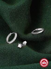 3 piezas Pendientes europeo y americano estilo S925 plata esterlina clásico cada día desgaste - Platino - Diamante Blanco - Ver 5