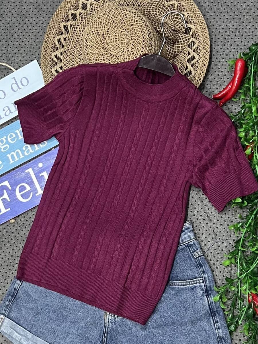 Women Knit Tops - 酒紅色 - 查看 1