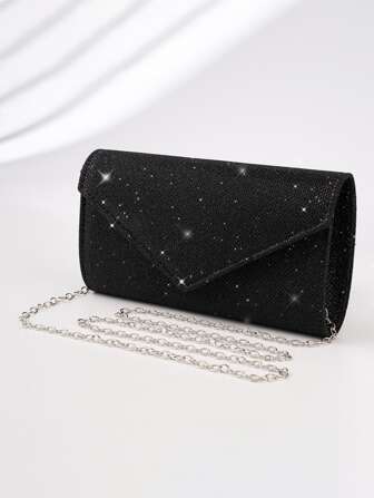 Glitter Envelope Handbag Women's Evening Bag Ladies Day Clutch Daily Clutch Wedding Party Bling Metal Chain Crossbody Bag Silver Black