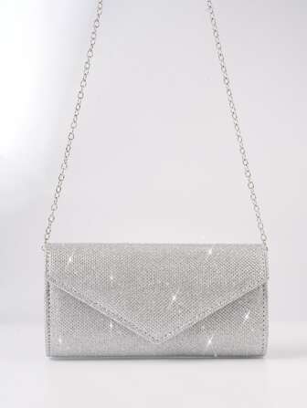 Glitter Envelope Handbag Women's Evening Bag Ladies Day Clutch Daily Clutch Wedding Party Bling Metal Chain Crossbody Bag Silver Black