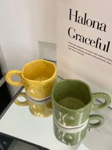 1pc Ceramic Mug With Ink Splash Pattern, Asymmetric Shape, Coffee Cup Back To School - Green - View 4