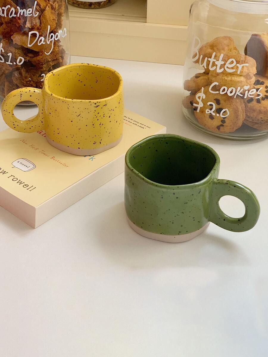 1pc Ceramic Mug With Ink Splash Pattern, Asymmetric Shape, Coffee Cup Back To School - Green - View 1