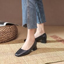 新品时尚方头低帮粗/中跟女式正装鞋，简约风格 - 黑色 - 查看 2