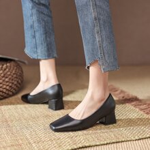 新品时尚方头低帮粗/中跟女式正装鞋，简约风格 - 黑色 - 查看 1