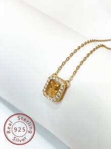 1入組S925純銀幾何吊墜項鍊帶閃閃發光方晶鋯石 - 黃色 - 查看 1