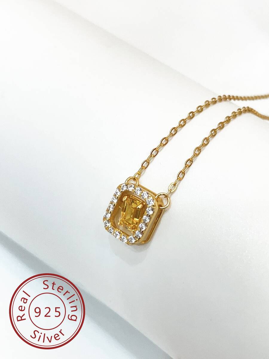 1入組S925純銀幾何吊墜項鍊帶閃閃發光方晶鋯石 - 黃色 - 查看 1