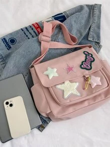 大學生女式肩背包,可愛少女風格,大容量休閒通勤包,拉鍊,粉色帆布,柔軟斜背包 - 粉色 - 查看 6