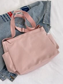 大學生女式肩背包,可愛少女風格,大容量休閒通勤包,拉鍊,粉色帆布,柔軟斜背包 - 粉色 - 查看 4